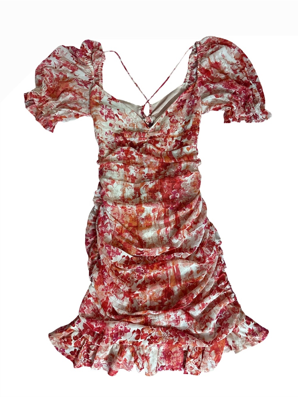 Floral Ruched Puff-Sleeve Mini Dress in Pink-Red